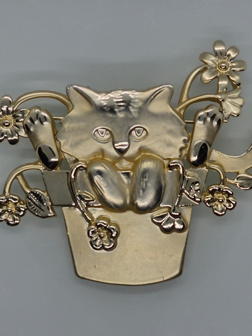 AJC Gold Cat in Flower Pot Brooch - Cute Cat Pin